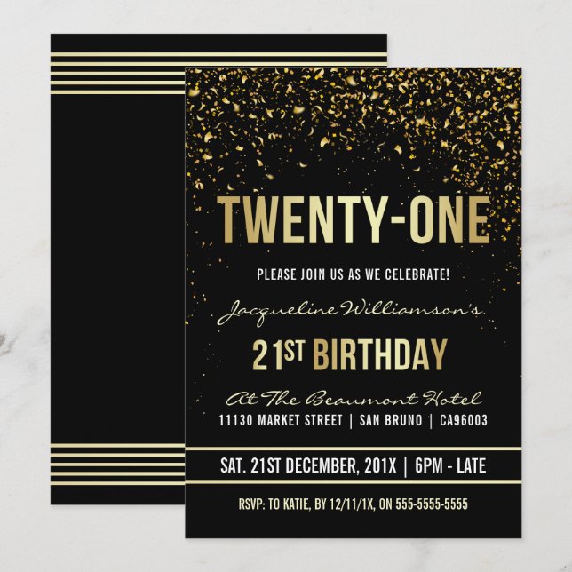 21:a födelsedagen Party | Shimming Guld Confetti Inbjudningar (Fram/baksida)