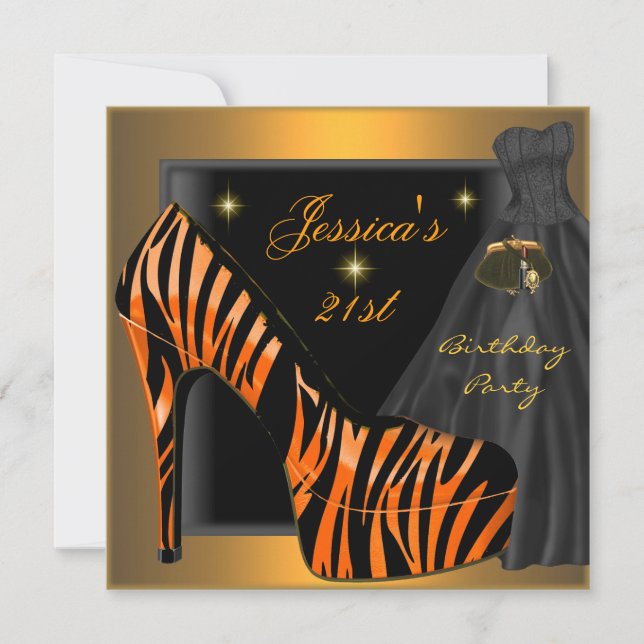 21:a födelsedagen Party Shoe Guld Orange Black Zeb Inbjudningar (Framsida)