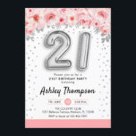 21:a födelsedagen Party - Silver Inbjudningar<br><div class="desc">21:a födelsedag,  festinbjudan. Elegantens utformning i faux glitter silver med blommigt accent. Inbjudan-kort med silver nummer 21-ballonger,  skriptteckensnitt med konetti.  rosa,  vit. Perfekt för en snyggt vid firande. Berätta om du behöver anpassningsbarnas ålder.</div>