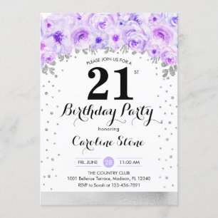 21:a födelsedagen Party - Silver Lila blommor Inbjudningar