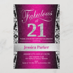 21:a födelsedagen Party - Silver Rosa Black Inbjudningar