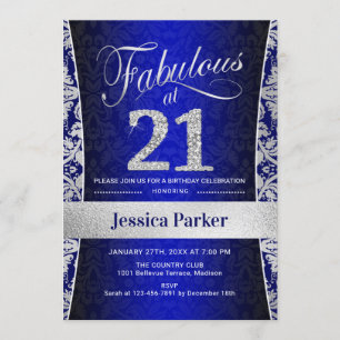 21:a födelsedagen Party - Silver Royal Blue Inbjudningar