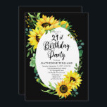 21:a födelsedagen Party Solros | Blommigt av eukal Inbjudningar<br><div class="desc">Klassi och stilfullt moderna solblommor och eukalyptus grey ram utformar "21:a födelsedagen Party" på en redigerbar svart bakgrund. Baksidan har en koordinerande solrosbukett även på en redigerbar svart bakgrund.</div>