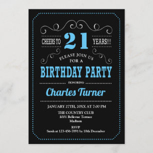 21:a födelsedagen Party - svart blå Inbjudningar