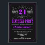 21:a födelsedagen Party - Svart Lila Inbjudningar<br><div class="desc">21:a födelsedagsbjudan. Elegant svart,  lila,  vit reflexdesign med mönster och skript. Skål till 21 år! Berätta om du behöver anpassa dig ytterligare.</div>