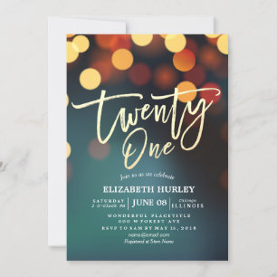 21:a födelsedagen Party Teal Guld Bokeh String Lju Inbjudningar