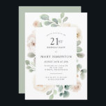 21:a födelsedagen Party Vit ros Blommigt Inbjudningar<br><div class="desc">Hugga en speciell kvinna med denna elegant 21:a födelsedagsinbjudan. Vit ros som är inkapslat i mjuk grönt eucalyptus löv bildar ett modernt botaniskt ram. Hela texten kan redigeras så att du kan beskriva ditt speciella firande perfekt</div>