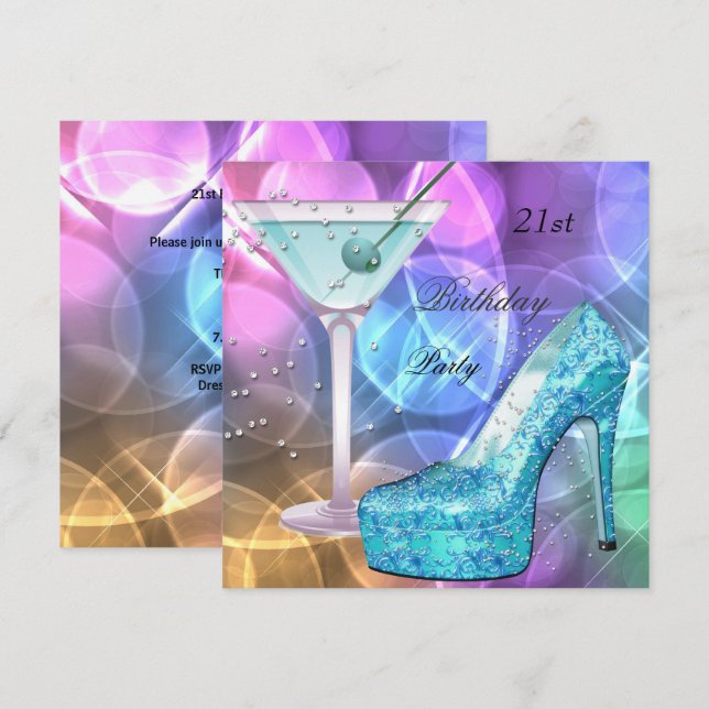 21:a födelsedagen Party White Rosa Teal Martini Sh Inbjudningar (Fram/baksida)