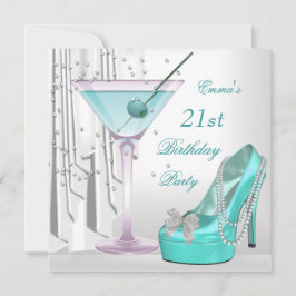 21:a födelsedagen Party White Teal Martini Pearl S Inbjudningar