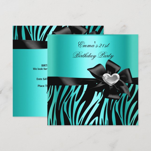 21:a födelsedagen Party Zebra Silver Teal Blue Bla Inbjudningar (Fram/baksida)