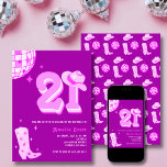 21:a födelsedagen: Retro Disco Cowgirl Rodeo Shock Inbjudningar<br><div class="desc">Fira en minnesvärd 21:a födelsedag med en inbjudan till personlig som exuderar retro charm! Den här digitala nedladdningen har en levande bakgrund i magentan som är försedd med en disco boll, stjärnor, en cowboystövel och ett fet nummer 21 i skuggor av rosa, kompletta med en viskös cowboyhatt på den. Perfekt...</div>