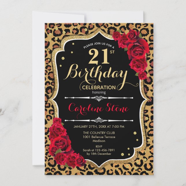 21:a födelsedagen - Röd ros Leopard Print Inbjudningar (Framsida)