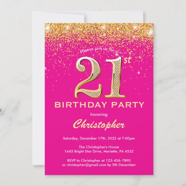 21:a födelsedagen Shock rosa och Guld Glitter Konf Inbjudningar (Framsida)