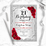 21:a födelsedagen - Silver Rand Röd ros Inbjudningar<br><div class="desc">21:a födelsedagsinbjudan. Utformning av blommigt i elegant i silver och rött. Funktioner faux glitter silver rand,  röd ros snyggt,  skriptteckensnitt och konetti. Perfekt för en glam-födelsedagsfest.</div>