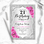 21:a födelsedagen - Silver Rand Rosa ros Inbjudningar<br><div class="desc">21:a födelsedagsinbjudan. Utformning av blommigten för elegant i silver och rosa. Funktioner faux glitter silver rand,  rosa ros snyggt,  skriptteckensnitt och konetti. Perfekt för en glam-födelsedagsfest.</div>