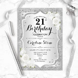 21:a födelsedagen - Silver Rand Vit ros Inbjudningar<br><div class="desc">21:a födelsedagsinbjudan. Utformning av blommigten i silver och vitt. Funktioner faux glitter silver rand,  vit ros snyggt,  skriptteckensnitt och konetti. Perfekt för en glam-födelsedagsfest.</div>