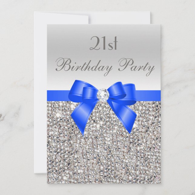 21:a födelsedagen Silver Sequin-Royalet Blue Bow D Inbjudningar (Framsida)