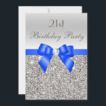 21:a födelsedagen Silver Sequin-Royalet Blue Bow D Inbjudningar<br><div class="desc">Kvinnors 21:a födelsedagsbjudanden. Elegant anpassningsbar silver och royal blue 21 år gammal Födelsedagsfest firande bjuds in till kvinnor med söt silver-tryckta sekviner mönster, en söt royal blå båge och band och tryckt bild av diamanter på juveler. Dessa sofistikerade, feminina, klassade, snyggt, glamorerad personlig inbjudan dekoreras på båda sidor. Vacker, chic,...</div>