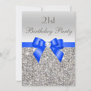 21:a födelsedagen Silver Sequin-Royalet Blue Bow D Inbjudningar
