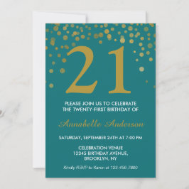 21:a födelsedagen Teal Guld Confetti Dot Glam Chic Inbjudningar