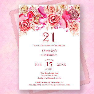 21:a födelsedagen Valentine Rosa ros Swirly Heart Inbjudningar