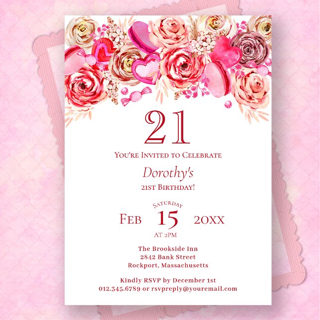 21:a födelsedagen Valentine Rosa ros Swirly Heart Inbjudningar (Skapare uppladdad)