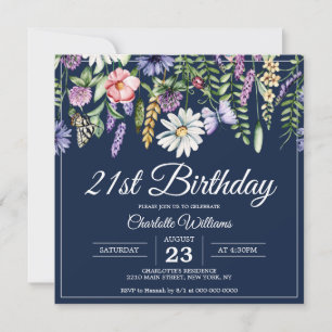 21:a födelsedagen Wildblommor Navy Blue Woman-Eleg Inbjudningar