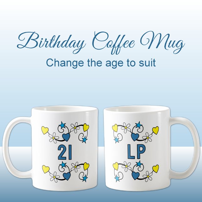 21:a födelsedagets milstolpe initialer blå gult kaffemugg (Skapare uppladdad)