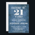 21:a födelsedagsinbjudan Blue Linen Rustic Cheers Inbjudningar<br><div class="desc">En rustik inbjudan på 21:a födelsedag i blått linne-spjäll med vit typ som säger jakande till 21 år. Underbar för avslappnadens födelsedagskalender. Lämpliga för manar eller kvinnliga födelsedagsfester.</div>