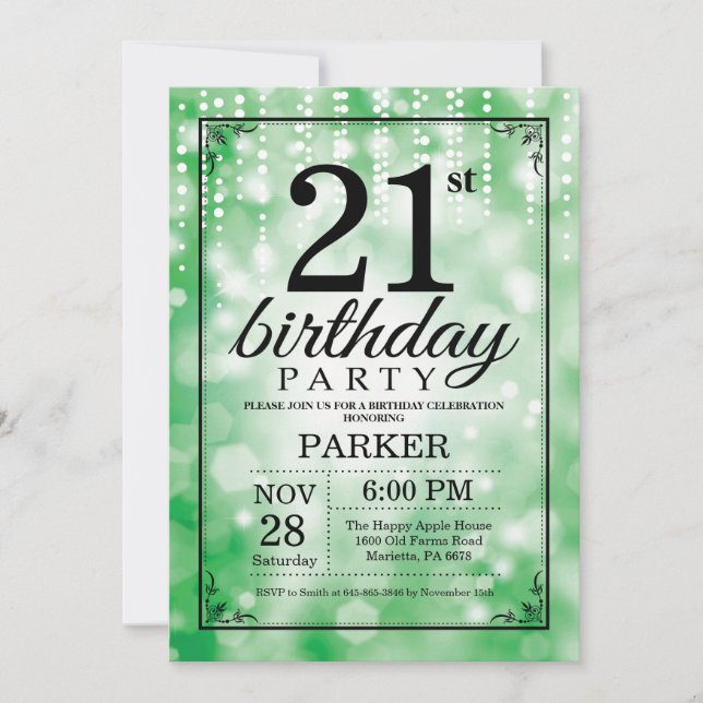21:a födelsedagsinbjudan Grönt Glitter Inbjudningar (Framsida)