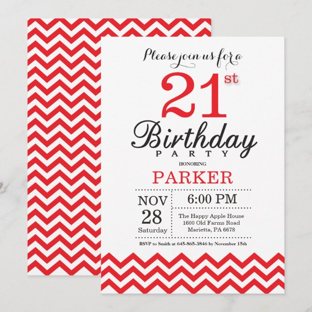 21:a födelsedagsinbjudan Red Chevron Inbjudningar (Fram/baksida)