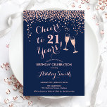 21:a födelsedagsjägare till 21 års Ro Guld-flotta Inbjudningar<br><div class="desc">21:a födelsedagsinbjudan. Skål för 21 år! Elegantens utformning i marinblått och ro guld. Innehåller champagneglas,  typsnitt och konfekti. Perfekt för en snyggt födelsedagsfest. Anpassa med dina egna detaljer. Kan anpassas för att visa vilken ålder som helst.</div>