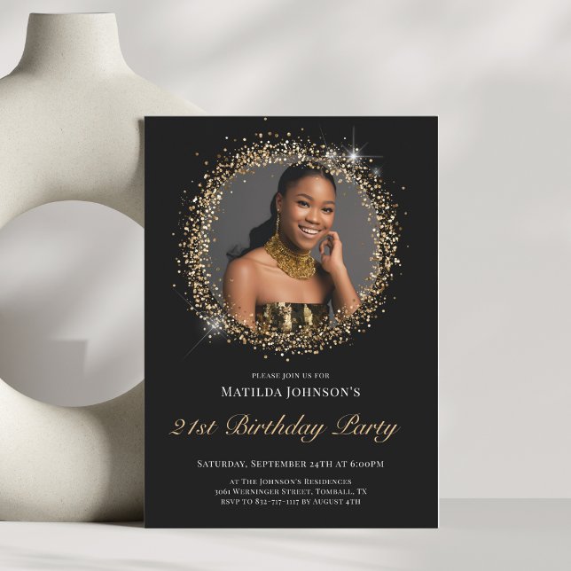 21:a födelsedagspartiets inbjudan till Glitter Bla (Glitter Black Gold 21st Birthday Party Invitation)