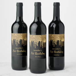 21:a grattis på födelsedagen svart guldfärgad glit vinflaska etikett