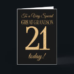21:a Guld-effekten på Black, Underbar-Grandson Bir Kort<br><div class="desc">Ett 21:a födelsedagskort i chic för ett "mycket Speciellt GreatGrandson",  med nummer 21 som består av guld-effektnummer och ord "Underbar-Grandson" i guld-effekt på svart bakgrund. Det inre budskapet,  som man kan ändra om man vill,  är "Grattis på födelsedagen"</div>