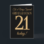 21:a Guld-effekten på Black, Underbar-Grandson Bir Kort<br><div class="desc">Ett 21:a födelsedagskort i chic för ett "mycket Speciellt GreatGrandson",  med nummer 21 som består av guld-effektnummer och ord "Underbar-Grandson" i guld-effekt på svart bakgrund. Det inre budskapet,  som man kan ändra om man vill,  är "Grattis på födelsedagen"</div>