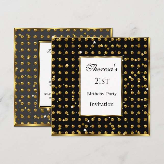 21:a Guld-stenarna i Guld, svart födelsedag vid Po Inbjudningar (Fram/baksida)