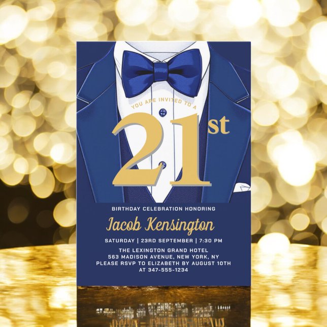 21:a marinblått och Guld Tuxedo-födelsedagshändels Inbjudningar (Skapare uppladdad)