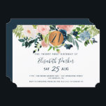 21:a moderna marinens vattenfärgsfödelsedagsfest f inbjudningar<br><div class="desc">rosa,  persiko-,  pastellblått och marinblommor,  bouquets och en rund faux metallic guld koppar-glitter skapar en modern feminin-milstolpe för glam-vågrät tjugoförsta/alla åldrar i födelsedagsfest inbjudan med ett trendig-chic som är fullt redigerbart för typografi.              Lämpligt för alla årsträdgårdsområden - vår,  sommar,  höstfall och till och med vinter.</div>