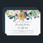 21:a moderna marinens vattenfärgsfödelsedagsfest f inbjudningar<br><div class="desc">rosa,  persiko-,  pastellblått och marinblommor,  bouquets och en rund faux metallic guld koppar-glitter skapar en modern feminin-milstolpe för glam-vågrät tjugoförsta/alla åldrar i födelsedagsfest inbjudan med ett trendig-chic som är fullt redigerbart för typografi.              Lämpligt för alla årsträdgårdsområden - vår,  sommar,  höstfall och till och med vinter.</div>