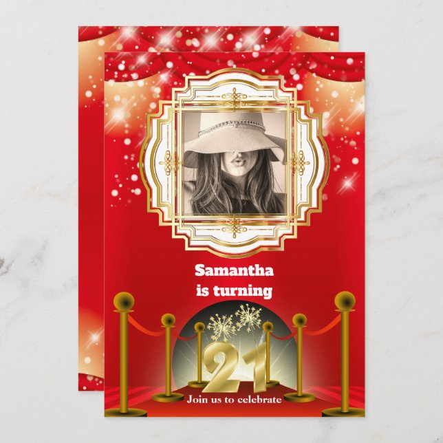 21:a rött matthollywood VIP fotot guld party Inbjudningar (Fram/baksida)