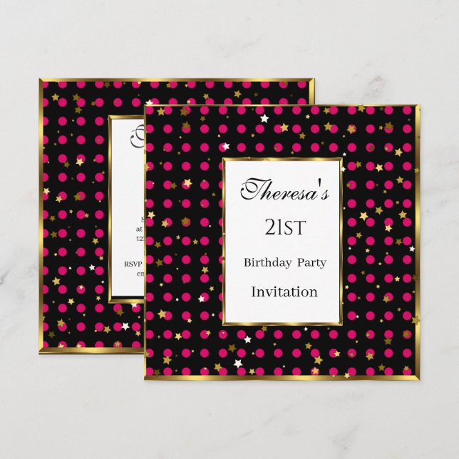 21:a Shock rosa, Guld Stars födelsedag Inbjudningar (Fram/baksida)