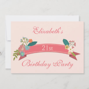21:a Vintagen på födelsedagen Blommor Rosa Banner Inbjudningar