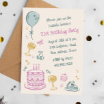 21:a Whimsical Doodle Hand plockade Födelsedagsfes Inbjudningar<br><div class="desc">Den här charmerande teal, lila och gult födelsedagsfest inbjudan har födelsedagsikoner i en vit, dodig, klok stil, inklusive en ballong, dricksglas, tårta, körsbär, ribbon, cupkaka och tårta. Här visas som en 21:a födelsedag, men du kan ändra den till vilket år som helst. Färgen på illustrationerna, texten och bakgrunden kan lätt...</div>