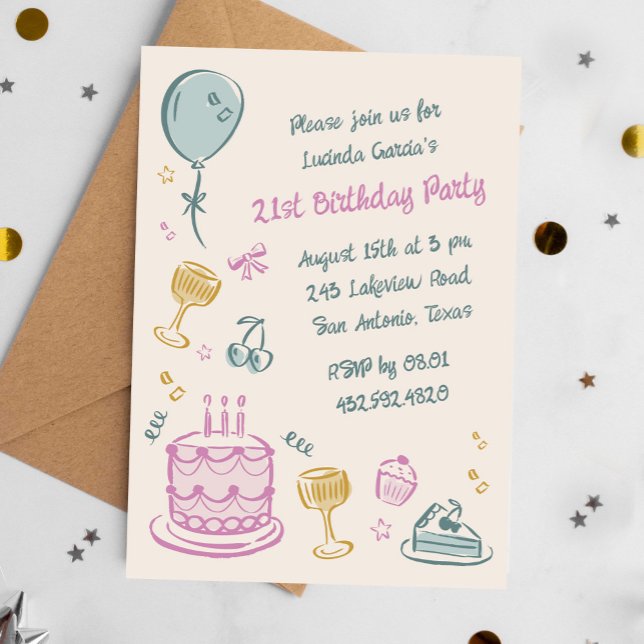 21:a Whimsical Doodle Hand plockade Födelsedagsfes Inbjudningar (Colourful 21st birthday party invitation in scribble style)