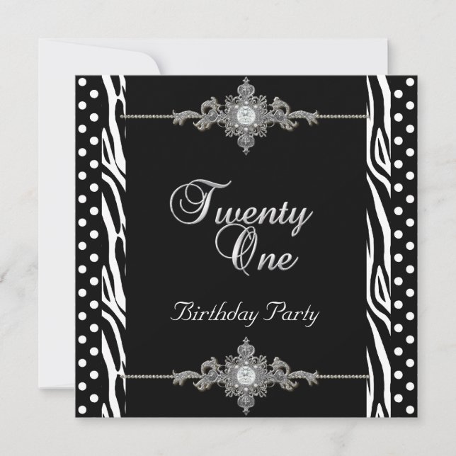 21:a Zebra Silver White Black Spot Diamond Inbjudningar (Framsida)