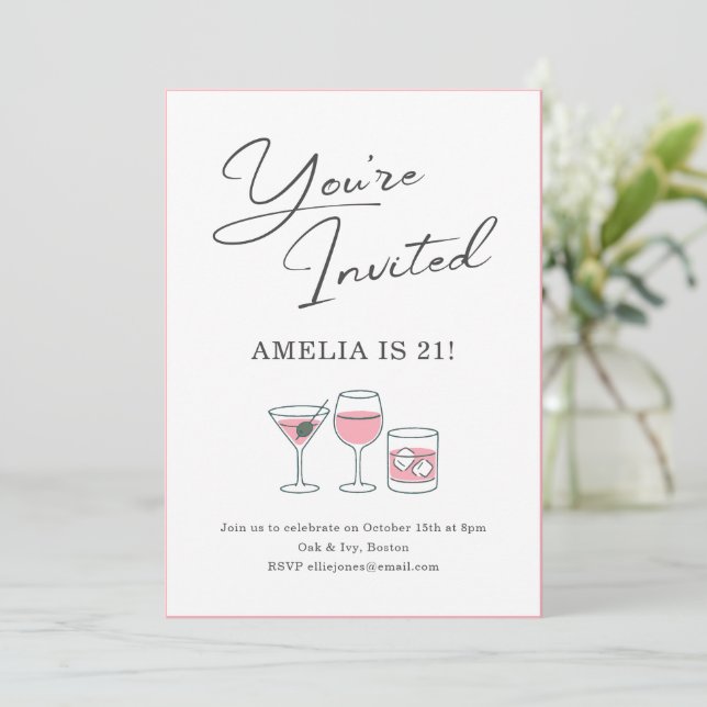 21-års Cocktail Flicknatt Födelsedagsfest Rosa Inbjudningar (Stående Fram)