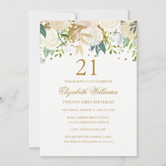 21-års födelsedag Elegant guld blommig inbjudan (Framsida)