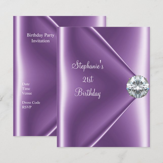 21-års födelsedags lila Mauve diamant juvel 2 Inbjudningar (Fram/baksida)