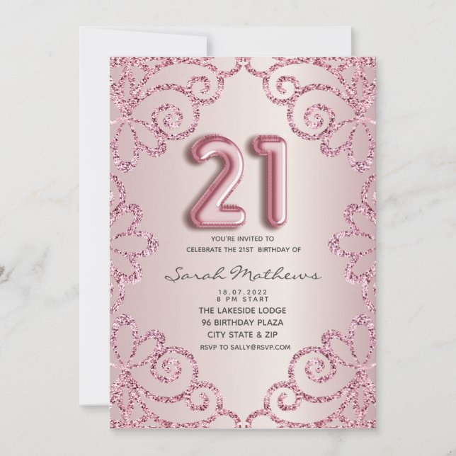 21-års födelsedags rosaglänsande glitterprinsessa  inbjudningar (Framsida)